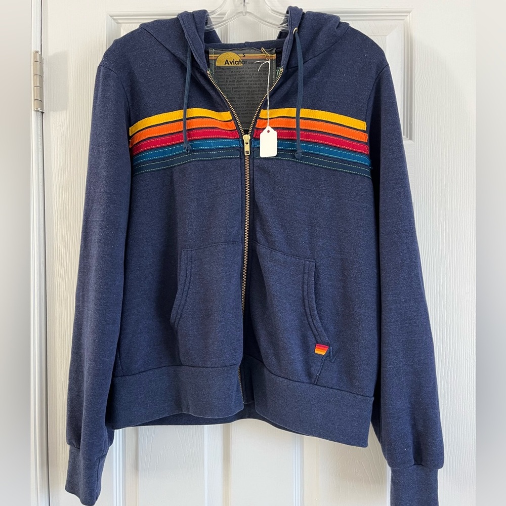 Aviator Nation 5 Stripe Zip Up Hoodie Navy Small New w Tags